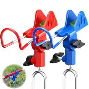 Zwei verstellbare Rutenhalter aus Edelstahl mit Leuchteffekt für Angelruten, ideal für den Einsatz am Ufer oder Boot, in rot und blau.