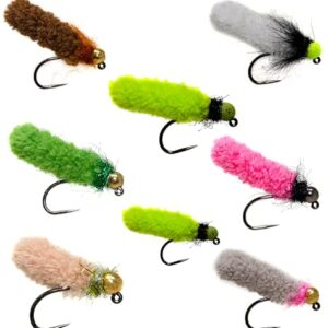 Set von 12 verschiedenen Mop-Fliegen aus hochwertigem Material, ideal für das Fliegenfischen in verschiedenen Gewässern, auf einem weißen Hintergrund angeordnet.