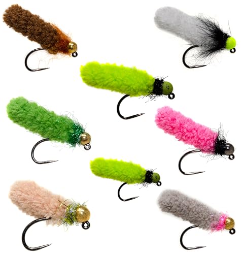 Set von 12 verschiedenen Mop-Fliegen aus hochwertigem Material, ideal für das Fliegenfischen in verschiedenen Gewässern, auf einem weißen Hintergrund angeordnet.