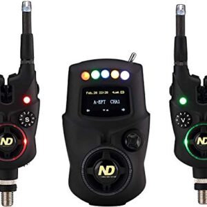 High-Tech Bissanzeiger Set für Angler mit zwei Funk-Bissanzeigern und einem digitalen Empfangsgerät, ausgestattet mit LED-Funktionen und einem benutzerfreundlichen Display.