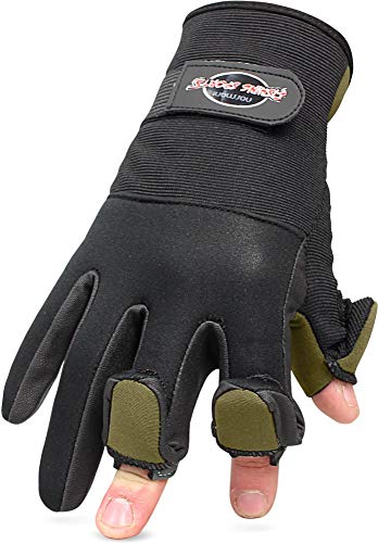 normani Anglerhandschuhe aus Neopren in Schwarz/Olive, Größe S mit umklappbaren Fingerkuppen und Silikon-Innenseite für optimale Kontrolle und Funktionalität beim Angeln.