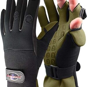 Normani Anglerhandschuhe aus Neopren in Schwarz/Olive mit umklappbaren Fingerkuppen und silikonbeschichteter Innenseite für besseren Grip, Größe S.