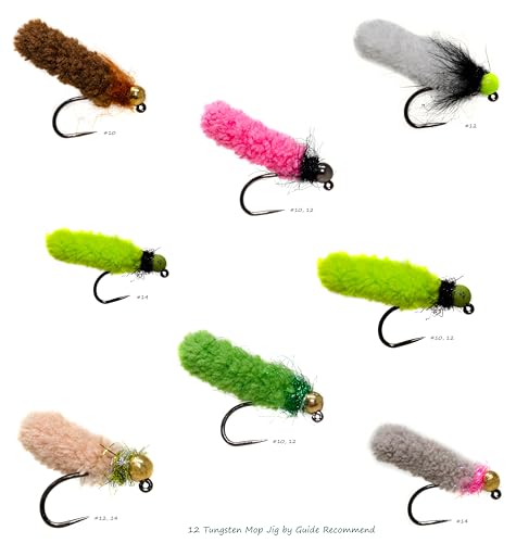 Set von 12 hochwertigen Wolfram Mop-Fliegen in verschiedenen Farben und Mustern, ideal für das Fliegenfischen in unterschiedlichen Gewässerbedingungen.