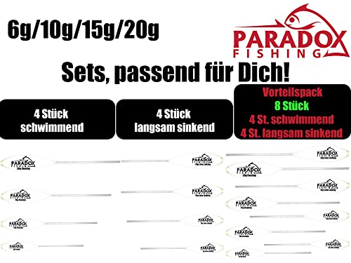 Paradox Fishing Sbirolino Set schwimmend mit Gewichten 6g, 10g, 15g und 20g für Forellenangeln auf weißem Hintergrund