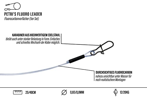 PetrisCatch 5er Set Fluorocarbon Vorfächer mit Karabiner, 40 cm lang, 12 kg Tragkraft, ideal für Raubfischangeln auf Zander, Dorsch und Forelle.