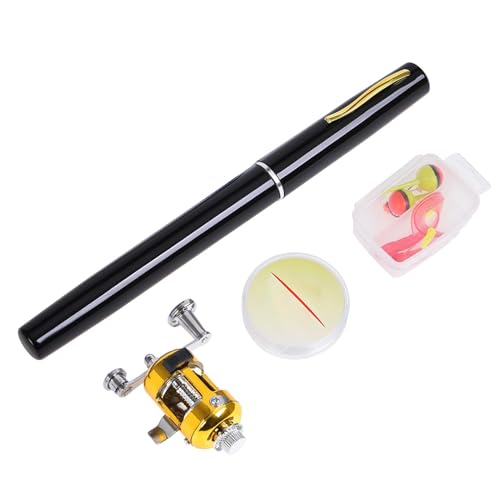 Pocket Pen Fishing Rod und Zubehör für Outdoor-Aktivitäten, inklusive kompakter Angelrute und entsprechender Angelausrüstung auf neutralem Hintergrund.