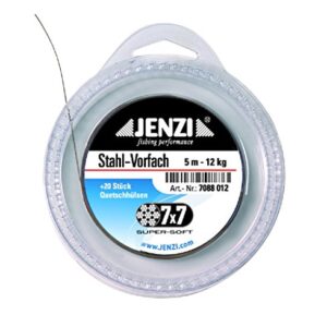 JENZI Powerflex 7x7 Super-Soft-Stahlvorfach mit einer Tragkraft von 12 kg und 5 m Länge in transparenter Verpackung, ideal für Angler zur individuellen Montage.