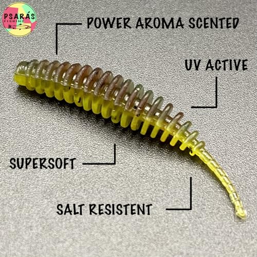 Psarás Forellen Aroma Softbaits Set Box in 7 Farben, 38 mm lange Köder für das Forellenangeln, mit Knoblauch-Essenz aromatisiert und supersoft für effektiven Fang.