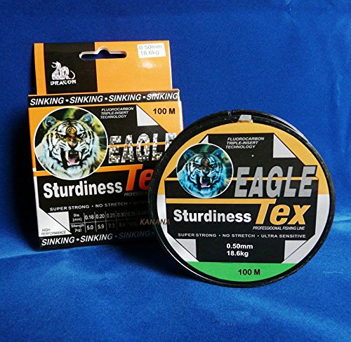 Hochwertige Fluorocarbon Angelschnur mit einer Länge von 100 Metern, einem Durchmesser von 0.50 mm und einer Tragkraft von 18 kg, verpackt in ansprechendem Design für Angler.