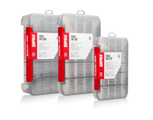 Rapala Unisex-Adult Box of Fishing zeigt drei transparente Aufbewahrungsboxen in verschiedenen Größen mit stabilen Deckeln und roten Akzenten, ideal für die Aufbewahrung von Angelausrüstung und Zubehör.