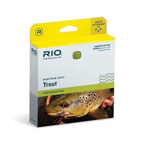 Verpackung der hochwerten Rio Brands Mainstream Trout WF5F Fliegenschnur für Süßwasserangeln, design in pastellgrün mit auffälliger Fischgrafik und Informationen zu den Produkteigenschaften.
