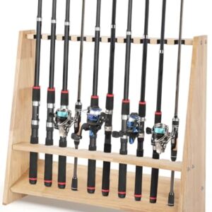 Stilvoller Rutenständer aus Holz zur Aufbewahrung von bis zu 10 Angelruten in einem ansprechenden Naturdesign, ideal für Angler und Angelfreunde.