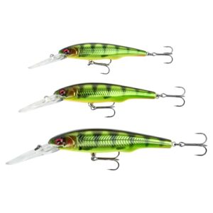 Savage Gear Gravity Twitch DR Köder in verschiedenen Grüntönen, ideal für das Angeln auf Raubfische wie Barsch, Hecht, Forelle und Zander, mit scharfen Metallhaken und reflektierenden Augen.