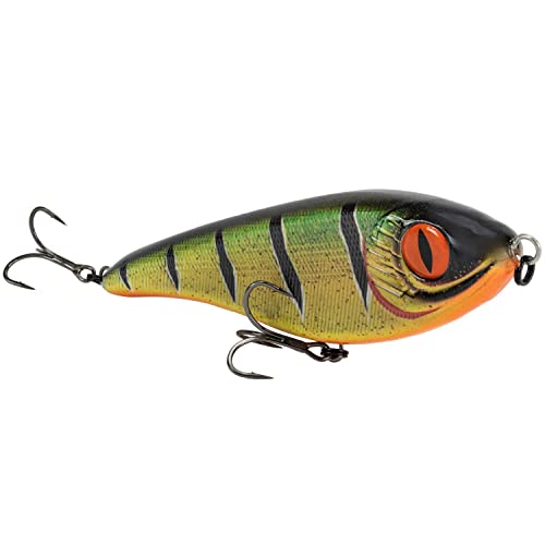 Senshu Butcher Jerk 10,5 cm in der Farbe Fire Perch, ideal zum Angeln auf Raubfische wie Hecht, Zander und Barsch. Der Jerkbait hat eine aerodynamische Form und ist mit Drillinge ausgestattet.