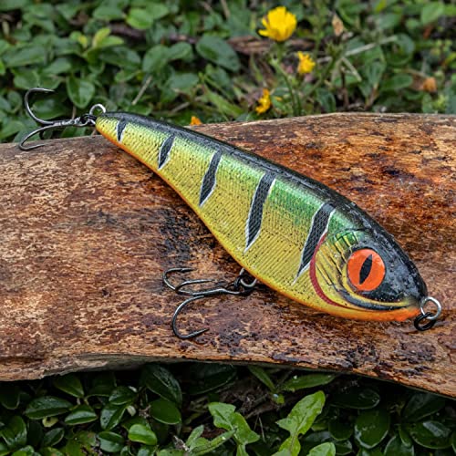 Senshu Butcher Jerk 10.5cm in der Farbe Fire Perch, actionreicher Jerkbait mit scharfen Angelhaken auf naturbelassenem Holzuntergrund, ideal zum Angeln auf Raubfische.