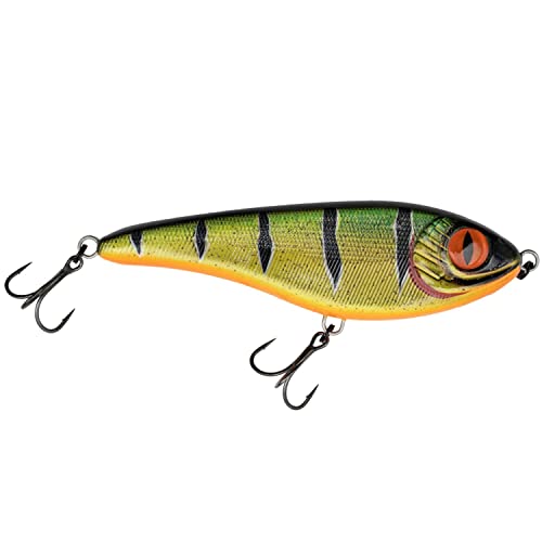 Senshu Butcher Jerkbait in der Farbe Fire Perch, 10,5 cm und 30 g, ideal für Raubfischangeln.