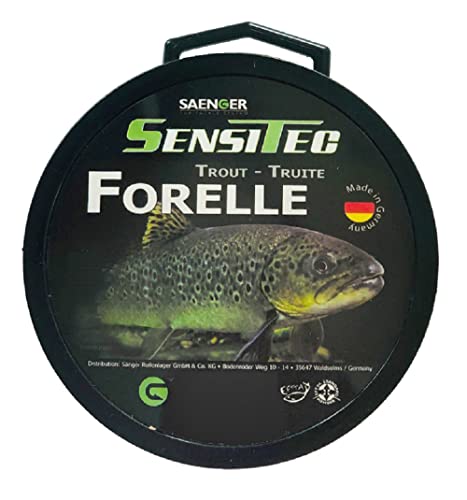 Sensitec monofilie Angelschnur in schwarzer Verpackung mit Abbildung einer Forelle. Ideal für Angler, die auf Forellen fischen. Die Schnur hat einen Durchmesser von 0,25 mm und eine Länge von 400 Metern.