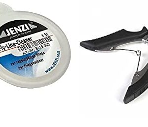 Set zur Pflege von Fliegenschnüren mit Fly-Line Cleaner, multifunktionalem Anglerwerkzeug und Petri Heil Aufkleber.