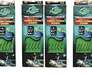 Set von gebundenen Forellenhaken in verschiedenen Größen, angebracht an Fluoro-Carbon Schnur Vorfächer, ideal für das Forellenangeln.