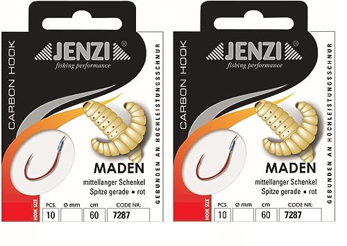 Set mit zwei Packungen gebundenen Maden-Haken für Angler, ausgestattet mit Mono Schnur und verschiedenen Hakengrößen, ideal für Friedfisch- und Karpfenangeln.