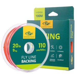 Verpackung der SF geflochtenen Fliegenfischen Backing Line mit einer Tragkraft von 9 kg und 100 m Länge in orange, geeignet für Süßwasserangeln.