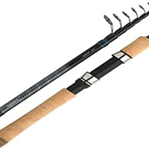 Schwarze Shimano Teleskoprute STC Mini Tele Travel Spin mit Korkgriff und metallischen Ringen, ideal für das Angelvergnügen auf Reisen.