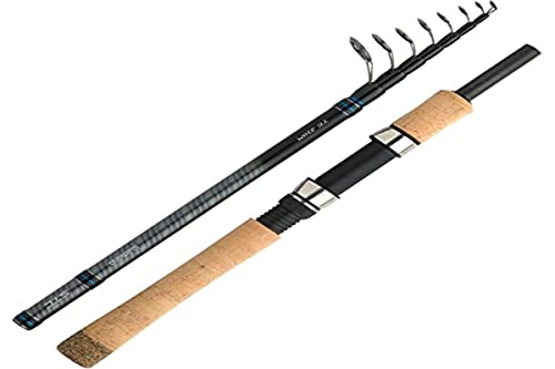 Schwarze Shimano Teleskoprute STC Mini Tele Travel Spin mit Korkgriff und metallischen Ringen, ideal für das Angelvergnügen auf Reisen.