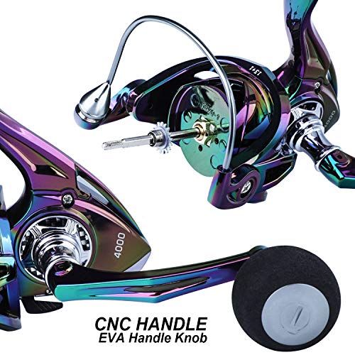 Bunte Sougayilang Angelrolle mit CNC Graphitrahmen, geeignet für Süßwasserfischen, in irisierten Farbtönen Blau, Lila und Grün.