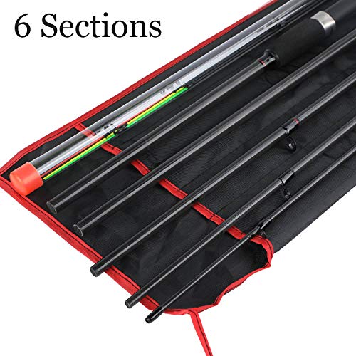 Geöffnete Angeltasche mit verschiedenen Rutenabschnitten, einschließlich transparenter Spitze zur Sichtbarkeit des Bisses, ordentlicher Anordnung und rutschfestem Griff für ein komfortables Angelerlebnis.