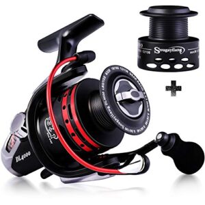 Sougayilang Fierce DL 2000 Angelrolle in Schwarz mit roten Akzenten, ideal für Salzwasser und Süßwasser, leistungsstarke 13+1BB Spinnrolle für Angler.
