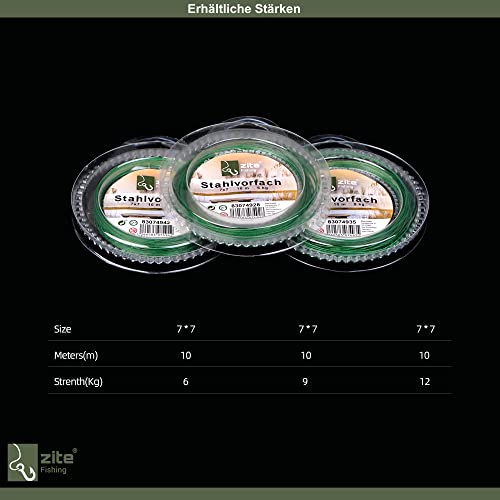 Drei Rollen von hochwertigen Stahlvorfächern aus 7x7 Edelstahl für Raubfischangeln, präsentiert in klaren Kunststoffverpackungen mit Angaben zu Größe, Länge und Zugkraft.