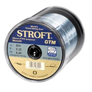 Stroft GTM 500m monofile Angelschnur mit blaugrau-transparenter Farbe auf einer durchsichtigen Spule, ideal für verschiedene Angeltechniken.