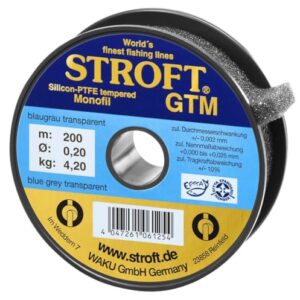 Stroft GTM Angelschnur auf einer Spule mit blaugrau transparenter Farbe, 200m Länge, 0,200mm Durchmesser und 4,2kg Tragkraft, ideal für Angler.