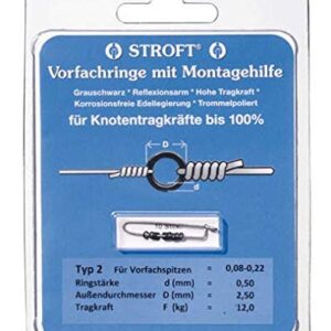 Stroft Vorfachringe Set mit Montagehilfe, ideal für Angler, belastbar bis 16kg, für Süß- und Salzwasserfischen, inklusive detaillierter Produktinformationen.