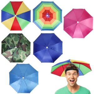 Vielseitiges Set aus sechs bunten Regenschirmen in verschiedenen Farben und Mustern, präsentiert auf einer Person mit fröhlichem Ausdruck, ideal für Kostümpartys, Gartenarbeit und Outdoor-Aktivitäten.