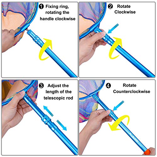Anleitung zur Verwendung eines teleskopischen Angelkeschers für Kinder mit vier Abbildungen, die die Handbewegungen zur Einstellung des Griffs zeigen.