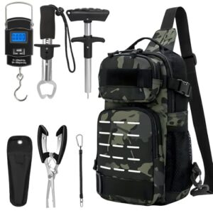 THKFISH 7 Stück Angeltaschen Set mit einem Camouflage-Rucksack und verschiedenen Angelwerkzeugen, einschließlich digitaler Waage und Multifunktionszange, perfekt für Outdoor-Abenteuer.