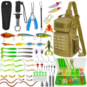 79-teiliges Angeltaschen Set mit wasserdichtem Rucksack und umfangreichem Angelzubehör, einschließlich Kunstködern, Angelzangen und Fischhakenentferner, ideal für Angler in allen Wetterlagen.