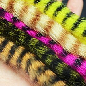 Flauschige Zonkerstreifen aus Kaninchenfell in verschiedenen Farben, ideal für das Fliegenfischen auf Barsch und Forellen. Die Streifen haben eine Breite von 4 mm und sind in lebhaften Farbvariationen erhältlich.