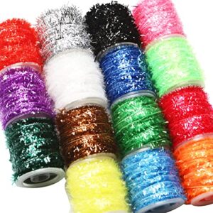 15 Spulen Tinsel Chenille Line in verschiedenen Farben für Fliegenbinden und Angelausrüstung, ideal für die Herstellung von Fliegenködern und Bugs.
