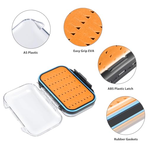 Transparenter Angelkoffer in Orange, ideal zur Aufbewahrung von Angelzubehör wie Kunstködern und Fliegen, mit doppeltem Deckel und wasserdichter Konstruktion.