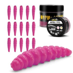 Bild der Troutlook Worma Lures, 15 pinke küstliche Angelköder in Form von Würmern, ideal für Forellenangeln, mit realistischem Aussehen und verlockenden Aromen.