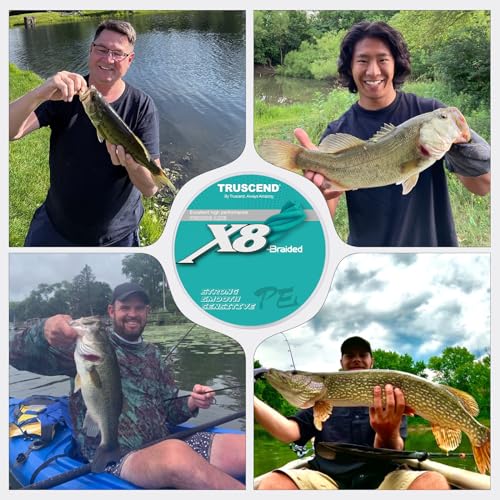 Vier Angler präsentieren stolz ihre Fänge in unterschiedlichen Angelumgebungen, dargestellt in einem quadrantenbasierten Layout, inklusive eines Mannes am Ufer, eines anderen in einem Kayak und zwei weiteren in einem Boot.