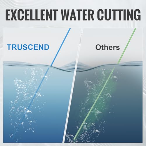 Vergleich der Wasserstrahltechnologie: TRUSCEND vs. herkömmliche Angelschnüre, veranschaulicht durch zwei unterschiedlich verlaufende Wasserstrahlen, die Effizienz und Präzision zeigen.