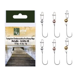 Verpackung des Zite Fishing Tungsten Cheburashka Sets mit professionellen Rigs und hochwertigen Tungsten-Haken für erfolgreiches Angeln auf Forellen und andere Süßwasserfische.