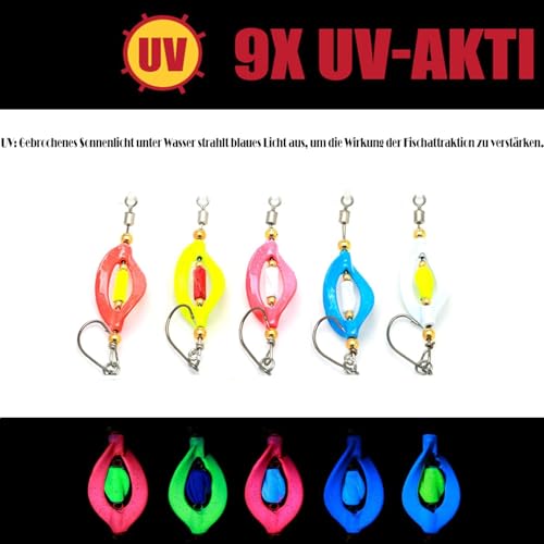 Farbenfrohes Set von UV-aktiven Twist Spoons für Forellenangeln, inklusive fünf unterschiedlichen Ködern in einer praktischen Box.