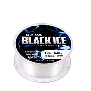 Ultima Black Ice Extra Stark Angelschnur auf einer transparenten Spule mit technischen Details zur Schnurdicke von 0.32mm und einer Tragkraft von 12lb, 600m Länge, in einem auffälligen Design.