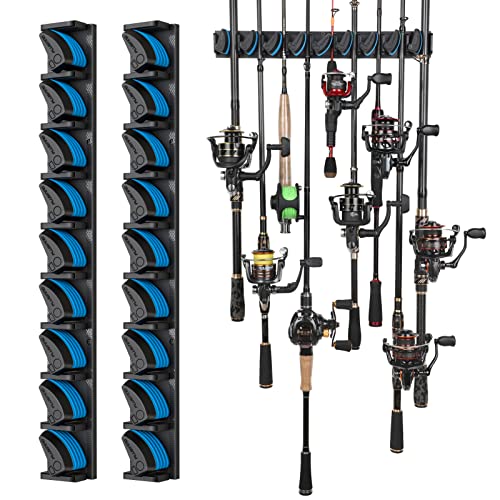 PLUSINNO vertikaler Angelrutenhalter zur Wandmontage mit Platz für bis zu 18 Ruten in verschiedene Designs und Farben, ideal für die ordentliche Aufbewahrung von Angelausrüstung in Garage oder Hobbyraum.