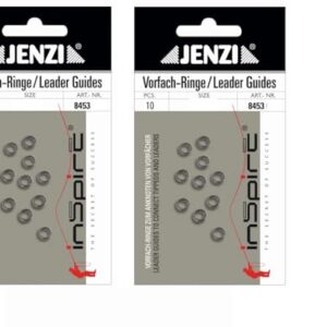 Set von 2 Packungen mit 20 Vorfachringen von Jenzi, ideal für Karpfen- und Friedfischangeln, in runder und ovaler Form, präsentiert auf einem grauen Hintergrund.