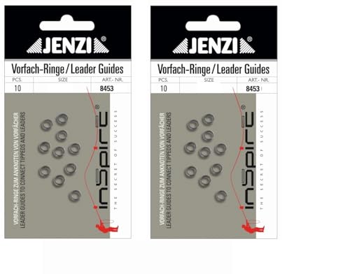 Set von 2 Packungen mit 20 Vorfachringen von Jenzi, ideal für Karpfen- und Friedfischangeln, in runder und ovaler Form, präsentiert auf einem grauen Hintergrund.